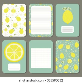Lemons. Cute pages for notes with cute lemons. Notebooks,decals, diary, cards, school accessories. Cute design with seamless patterns with cute  fruits. 