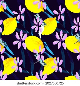 lemons with dragonfly and pink flowers, seamless vector pattern, insects botanical print, dark blue background