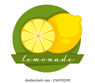 Lemones en emblema para la bebida de limonada, etiqueta aislada con inscripción caligráfica a rayas. Ingrediente orgánico fresco utilizado en cócteles, cítricos jugosos. Vector de menú vegetariano natural en plano