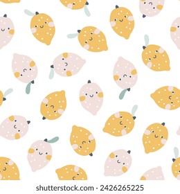 Lemons face seamless scattered pattern in pastel palette. Vector naive hand drawn illustration of cute characters. Ideal for baby textiles, wallpaper, fabric, scrapbooking