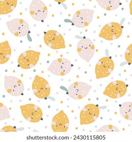 Los limones se enfrentan a un patrón disperso sin fisuras en la paleta pastel. Ilustración dibujada a mano del vector de los personajes lindos en el fondo del punto del polka. Ideal para los textiles del bebé, papel pintado, tela, scrapbooking