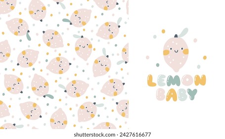 Lemons faces seamless pattern set with print in pastel palette. Vector naive hand drawn illustration of cute characters on polka dot background. for baby textiles, wallpaper, fabric, scrapbooking