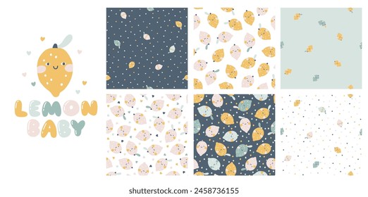 Lemons faces seamless patterns set with print in pastel palette. Vector naive hand drawn illustration of cute characters on polka dot background. for baby textiles, wallpaper, fabric, scrapbooking