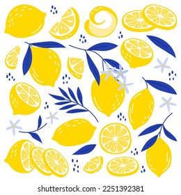 Lemons flat icons set. Oval citrus fruit with thick yellow skin. Slice of fresh vitamin and juicy fruit. Peel, branch, leaves, small slice.Color isolated illustrations