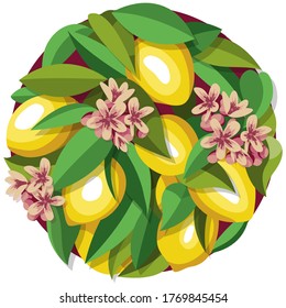 Lemons, flowers and leaves of a lemon tree