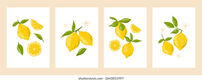 Lemons, flowers and leaves, vector crayon illustration set. Card, invitation or poster. Trendy hand drawn retro design for wall decor, postcard, cover, t shirt, prints