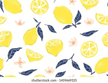Lemons and flowers on a white background. Fruit slices, abstract plants. Seamless pattern