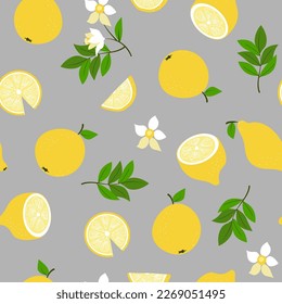 Lemons and flowers pattern. Whole lemons and lemon wedges with leaves and flower. Vector illustration. Isolated background.
