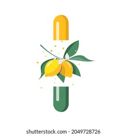 
Lemons with flowers and pill with vitamin C vector isolated on white background. Natural medicine for strengthening the immune system