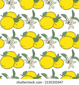 Lemons and flowers seamless pattern. Citruses and floral sprigs with leaves background. Fruit composition template for fabric, paper, wallpaper and design vector illustration