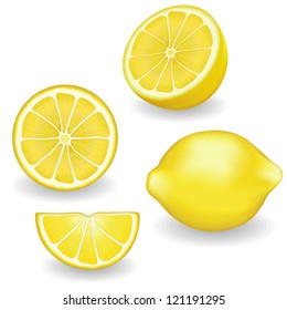 Lemons, four views. Fresh, natural lemons: whole, half, slice, wedge. Graphic illustrations isolated on white background. EPS8 compatible.