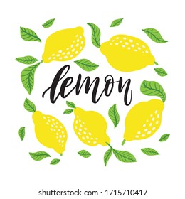 Lemons frame and lettering. Homemade lemonade logo and sign with floral citrus and leaves frame in cartoon style. Vector illustration isolated on white background.