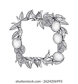 Lemons frame square in graphic style with black ink. Fruits and leaves. Hand drawn vector illustration. For food and cosmetic labels, jam, lemonade, banners, posters, invitations, postcards.