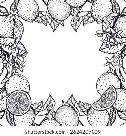 Cadre de citrons carré dans un style graphique à l'encre noire. Fruits, feuilles et fleurs. Illustration vectorielle dessinée à la main. Pour les étiquettes alimentaires et cosmétiques, confitures, citronnades, bannières, affiches, invitations, cartes postales.