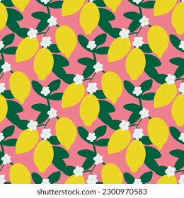 Lemons fruits, flowers and foliage seamless pattern. Tropical fruity citrus background. Lemon blossom print on pink for textile, digital paper, packaging, vector illustration