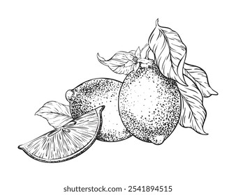 Frutas de limões, Fatia de Limão, flores e folhas. Ilustração de vetor desenhada à mão. Preto e branco Esboço de citrinos. Isolado no fundo branco. Design para cardápio, embalagem, cosmético, têxtil