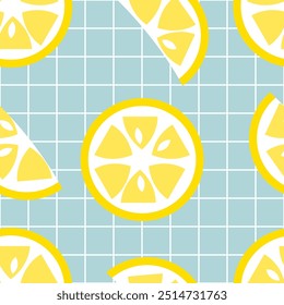 Lemons fruits vector seamless pattern on geometric checkered background. Perfect art print for banner, card, textile, fabric, paper, sale. Hand drawn illustration.


