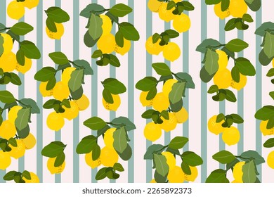 Lemons gouache flat illustration seamless pattern. Green leaves and lemons isolated on striped  background for wrapping paper, wallpaper, fabric.