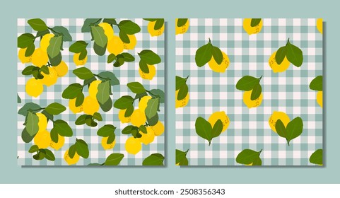 Conjunto de patrones sin fisuras de ilustración plana de gouache de limones. Hojas verdes y limones aislados en lindo fondo a cuadros para envolver papel, Fondo de pantalla, tela.