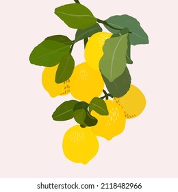 Lemons gouache flat illustrations. Green leaves and lemons isolated on light background for wrapping paper, wallpaper