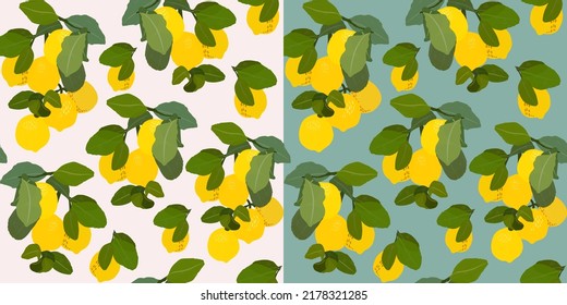 Lemons gouache flat illustrations seamless pattern. Green leaves and lemons isolated on beige and blue backgrounds for wrapping paper, wallpaper, fabric