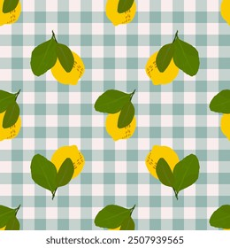Lemons gouache flat illustrations seamless pattern. Green leaves and lemons isolated on cute checkered  background for wrapping paper, wallpaper, fabric.