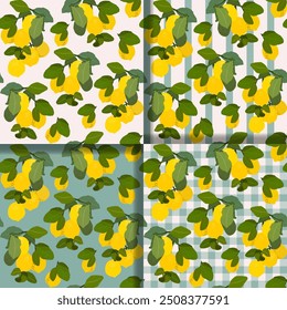 Lemons gouache flat illustrations seamless patterns set. Green leaves and lemons isolated on different backgrounds for wrapping paper, wallpaper, fabric.