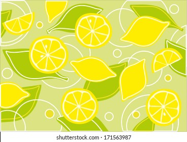 Lemons and green leaves background
