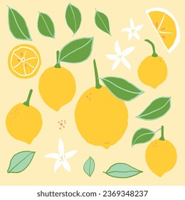 Lemons and green leaves make up this tropical fruit set.
