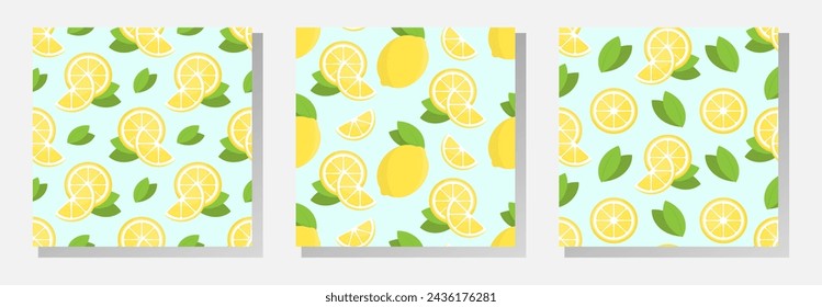 Limones y hojas verdes vector colección de patrones sin fisuras. Elementos planos sobre fondo azul. Ideal para textiles, fondos de pantalla, decoración de cocina, papel de embalaje, paquete y su diseño.