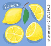 Lemons. Half, slice and whole of fresh lemon. Organic fruit, citrus. Lemonade.