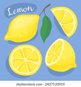 Lemons. Half, slice and whole of fresh lemon. Organic fruit, citrus. Lemonade.