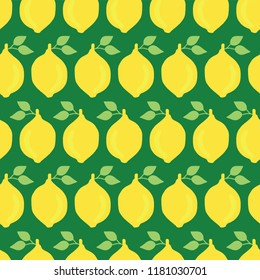 Lemons hand drawn vector seamless pattern background. Yellow lemons with leaves on green. Great for fabric, paper, packaging, home decor, kitchen decor, flyer, bar menu, summer party, farmers market