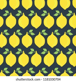 Lemons hand drawn vector seamless pattern background. Yellow lemons with leaves on green. Great for fabric, paper, packaging, home decor, kitchen decor, flyer, bar menu, summer party, farmers market