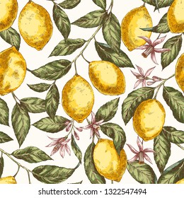 Lemons hand drawn vector seamless pattern. Citrus fruits engraving style color backdrop. Ink brush, pen drawing. Realistic leaves, flowers background. Botanical wrapping paper, wallpaper design 