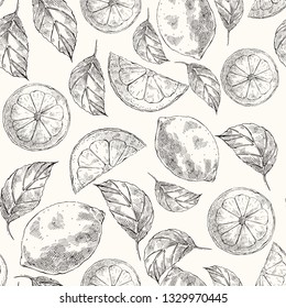 Lemons hand drawn vector sketch seamless pattern. Citrus fruits and slices engraving style color backdrop. Ink brush, pen drawing. Botanical wrapping paper, wallpaper design, background