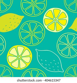 Lemons hand painted on a turquoise background create a continuous pattern. Can be used for textile printing, packaging, Wallpaper.