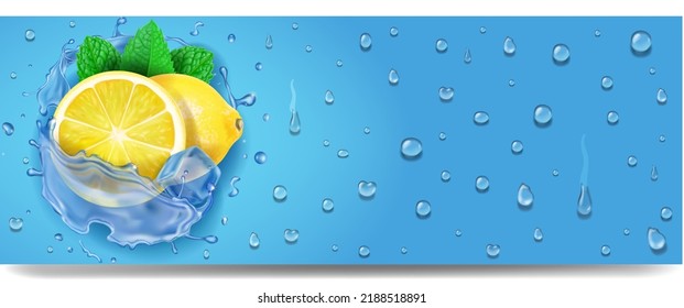 Lemones, cubos de hielo y elementos de gota de agua sobre fondo azul. Pancarta realista de limonada fresca o bebida de limón