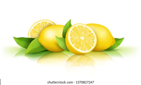 Lemons isolated on white background. Fresh juicy yellow fruits cut in half and whole and green leaves, natural vegan food, ingredient for drinks, organic cosmetics. Design element for packaging.