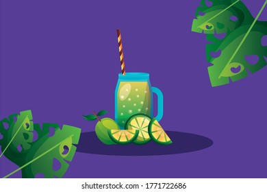 lemons with juice and leaves design, Fruit healthy organic food sweet and nature theme Vector illustration