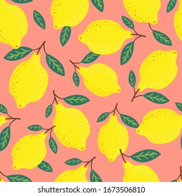 Lemons and leaves background. Tropical vector seamless pattern. Hand drawn illustration with yellow citrus.