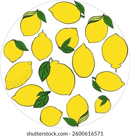 Lemons with leaves circle round composition. Vector Graphic line ink yellow hand made illustration. Food preparation and kitchenware. For logo, web, package, sticker.
