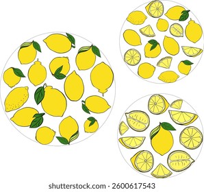 Lemons with leaves circle round composition set. Vector Graphic line ink yellow hand made illustration. Food preparation and kitchenware. For logo, web, package, sticker.
