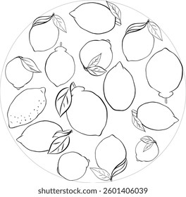 Lemons with leaves circle round composition. Vector Graphic line ink Black and white illustration. For logo, web, package, sticker.
