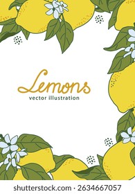Lemons and leaves create a vibrant frame in this vector illustration. Bright yellow lemons and green leaves surround the edges, bringing a fresh citrusy touch to any design project.
