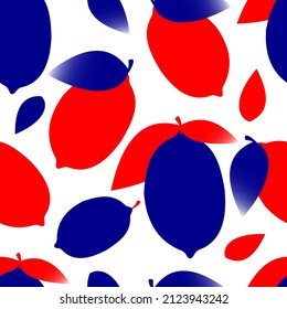 Lemons with leaves in flat style. Seamless stylish pattern for textile and paper products. Blue and red citrus fruits on a white background. Vector.