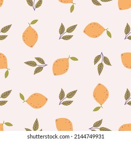 Lemons with leaves in flat style, vector seamless pattern.