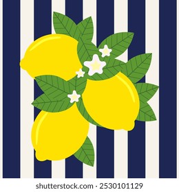 Limones con hojas y flores en el estilo italiano o mediterráneo de fondo azul y blanco de la tira. Ilustración para decoración de pared imprimible, Fondo de pantalla, comida y tema de viaje.