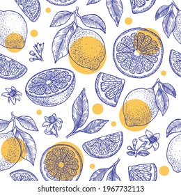 Lemons, leaves and flowers seamless pattern. Fresh summer green citrus background. Vector illustration