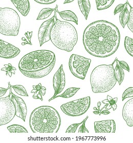 
Lemons, leaves and flowers seamless pattern. Fresh summer green citrus background. Vector illustration